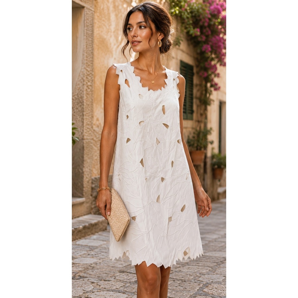 Halston Heritage Dress Luxury Resort Hamptons White Floral Applique Cutout SZ 12